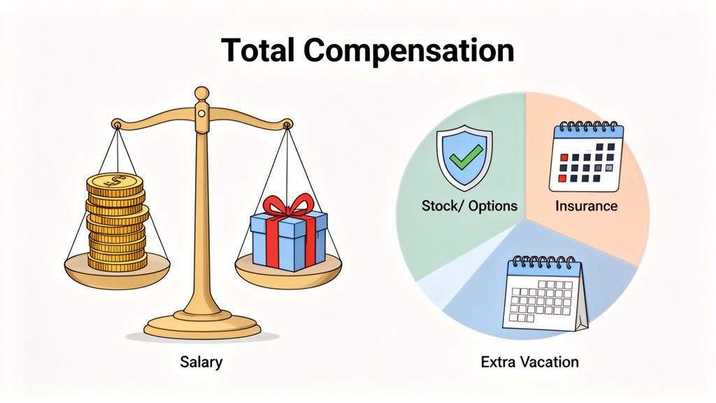 Ilustración de compensación total con salario en balanza y beneficios como acciones, seguro y vacaciones extra.