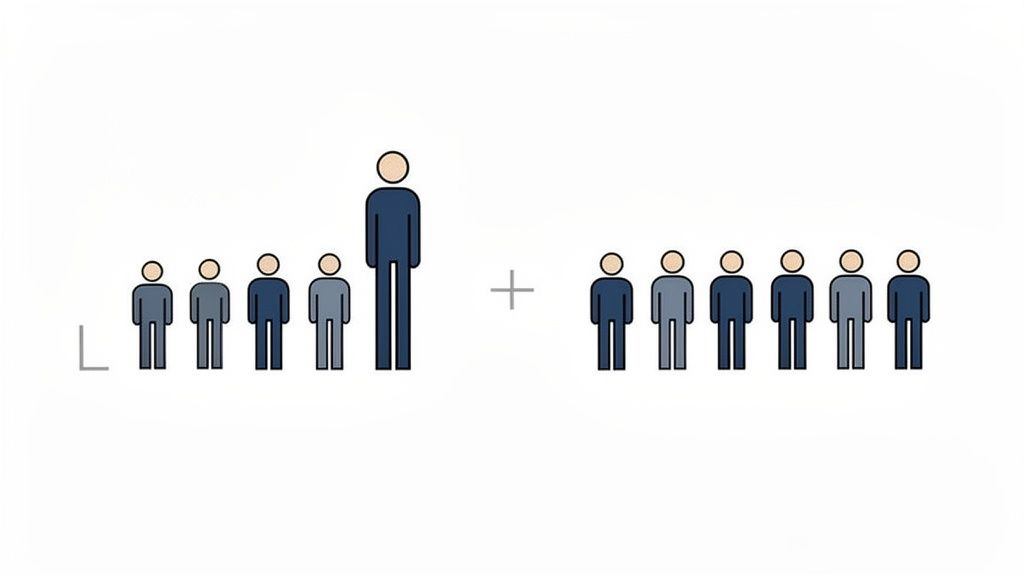 Gráfico de figuras humanas. Un grupo con un líder alto y otros cuatro, más un segundo grupo de cinco personas.
