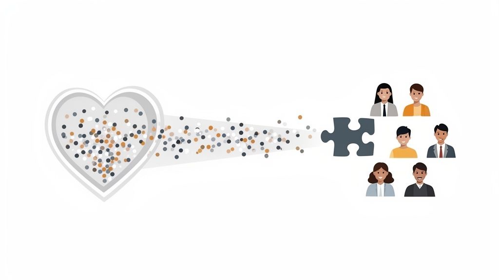 Puntos de colores salen de un corazón, se unen a una pieza de rompecabezas y un grupo diverso.