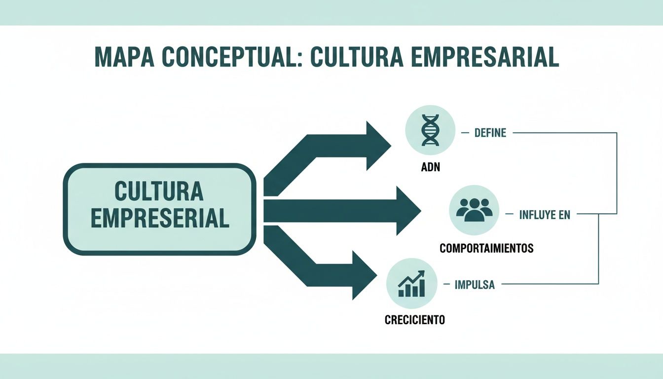 Mapa conceptual que ilustra la cultura empresarial, su ADN, cómo influye en los comportamientos y cómo impulsa el crecimiento.