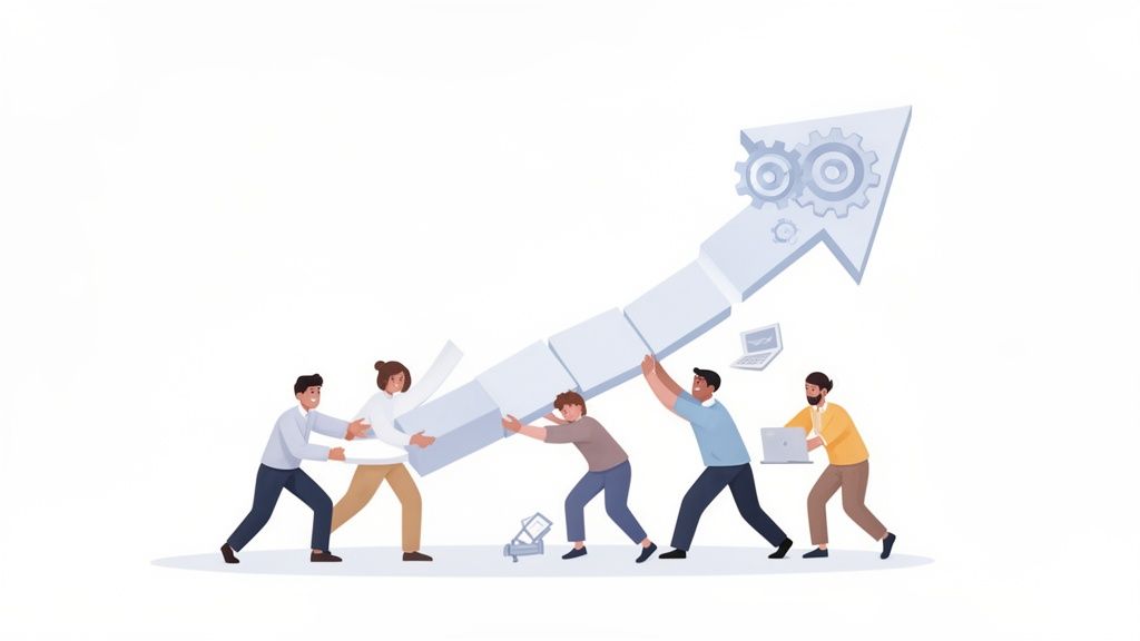 Cinco personas empujando una flecha ascendente con engranajes, simbolizando trabajo en equipo y crecimiento empresarial.