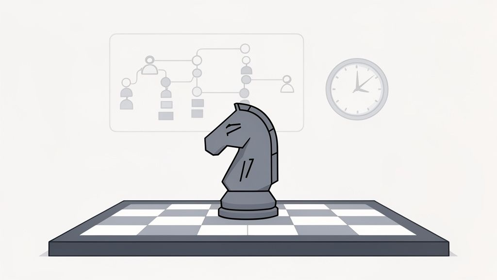Un caballo de ajedrez en un tablero, con un diagrama de flujo y un reloj, representando planificación estratégica y gestión del tiempo.