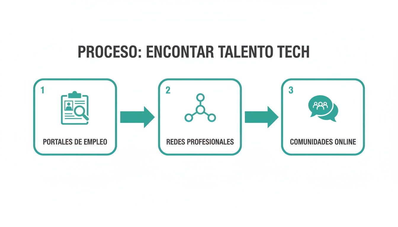 Diagrama que ilustra el proceso de tres pasos para encontrar talento tecnológico: portales de empleo, redes profesionales y comunidades online.
