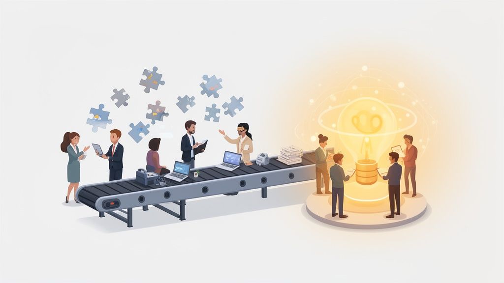 Un equipo de personas trabaja en una línea de producción, transformando piezas de rompecabezas en una gran idea luminosa. Concepto de innovación empresarial.
