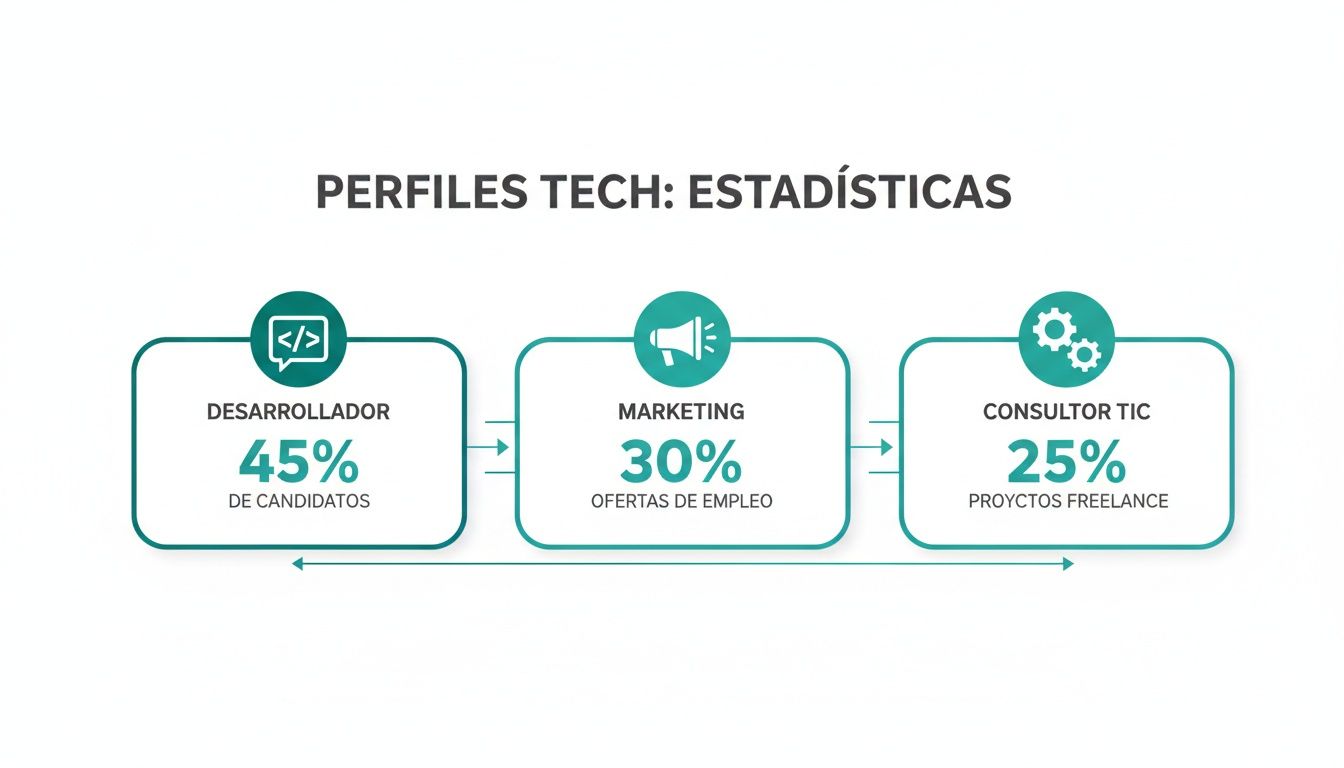 Estadísticas de perfiles tech mostrando porcentajes para desarrolladores, marketing y consultores TIC.