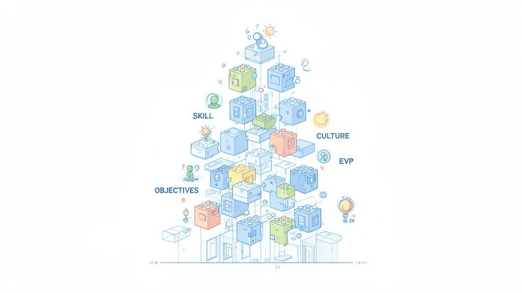 Ilustración de bloques de construcción en pirámide representando habilidades, objetivos, cultura y EVP para el desarrollo de talento.