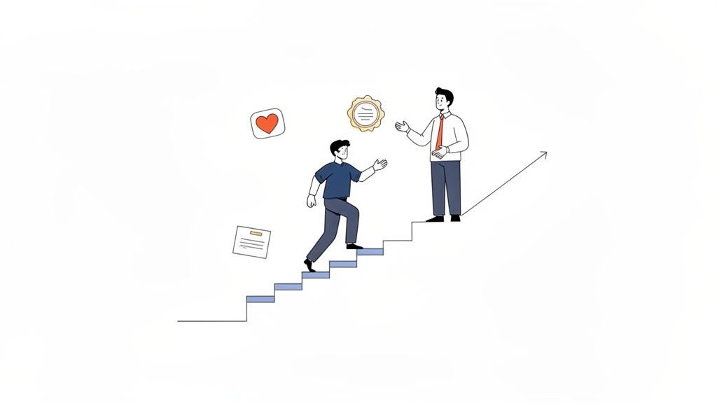 Un joven sube escaleras hacia un mentor, con iconos de logros y reconocimiento, simbolizando desarrollo profesional.