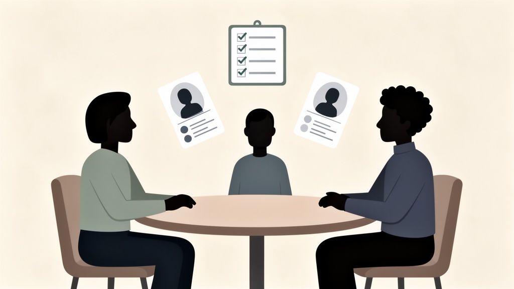 Ilustración de una entrevista de trabajo con tres personas, currículums y una lista de verificación de requisitos.