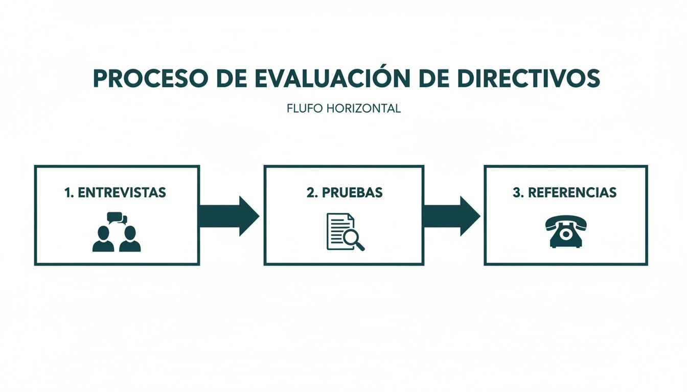 Diagrama de flujo horizontal que muestra el proceso de evaluación de directivos: entrevistas, pruebas y referencias.