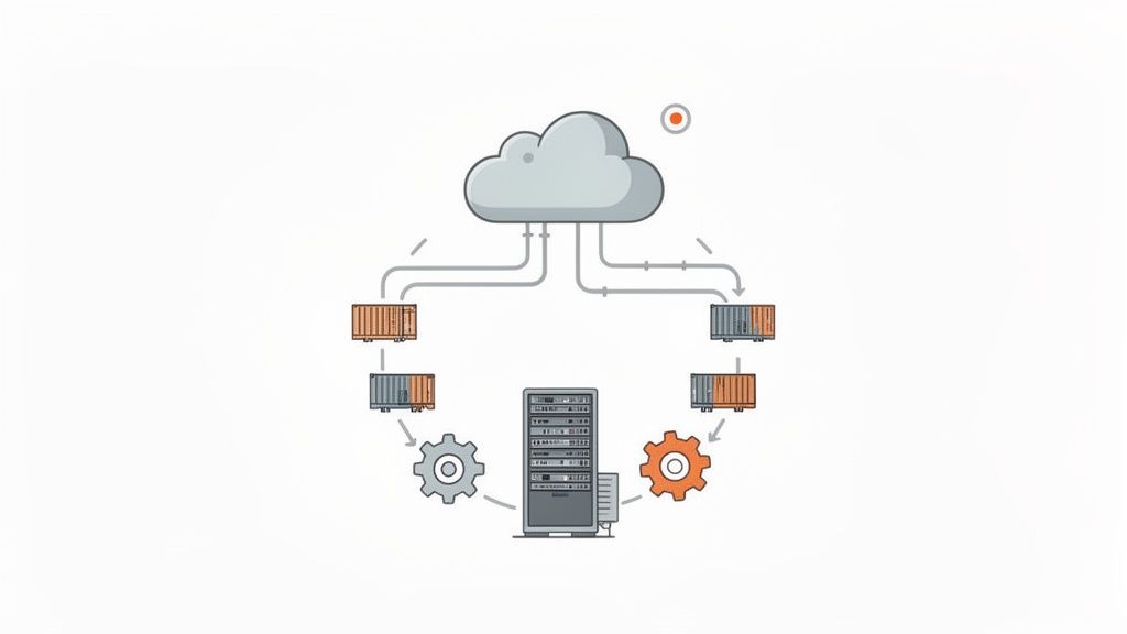 Diagrama que ilustra la computación en la nube, contenedores de datos, servidores y engranajes que simbolizan procesos y flujo de trabajo.