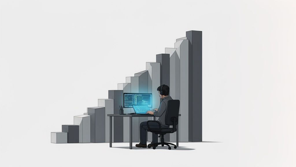 Un desarrollador trabajando en su escritorio con monitores, frente a un gráfico de barras ascendente que simboliza el crecimiento profesional.