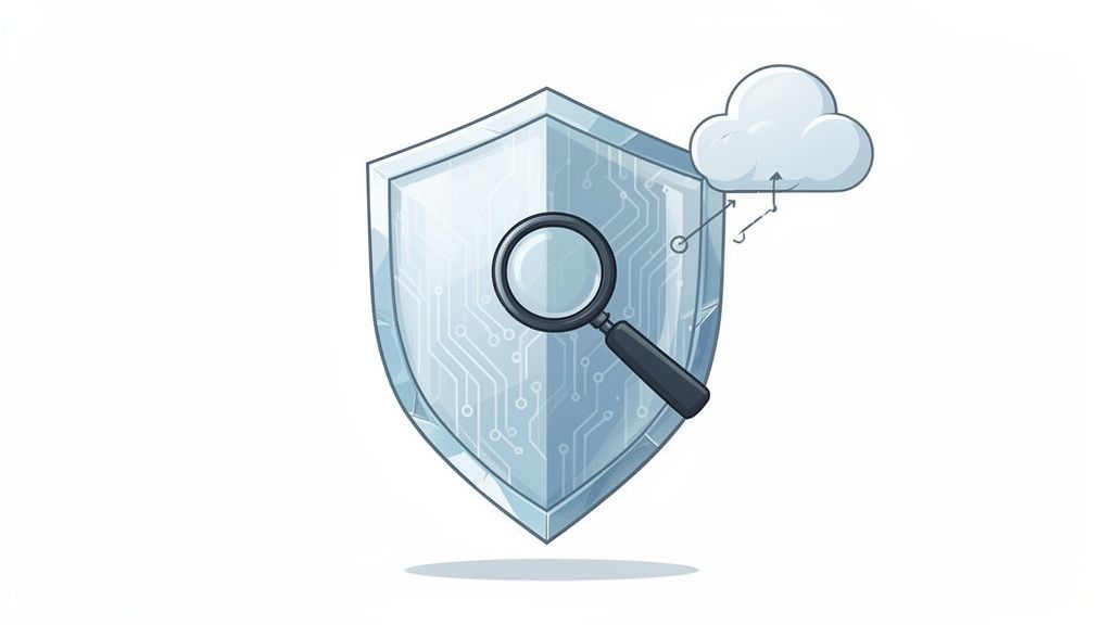 Ilustración de escudo de seguridad con lupa y nube, simbolizando inspección y protección de datos en la nube.