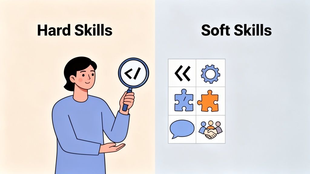 Una ilustración que compara las habilidades duras, como la programación, con las habilidades blandas, como la comunicación y el trabajo en equipo.