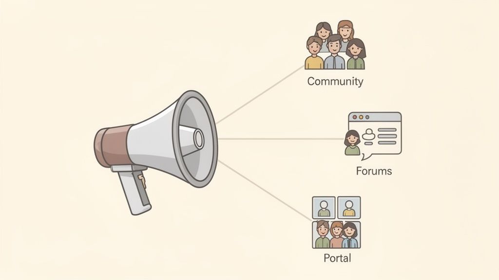 Megáfono anunciando a una comunidad, foros y un portal web, mostrando difusión de información.