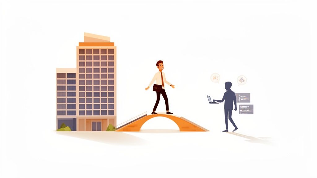 Un hombre de negocios camina por un puente hacia un programador, simbolizando la conexión entre el talento y la tecnología.