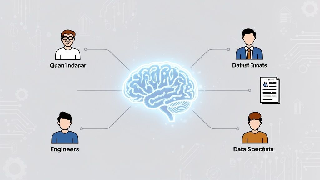 Ilustración de un cerebro central conectando a ingenieros, especialistas de datos y otros roles profesionales.