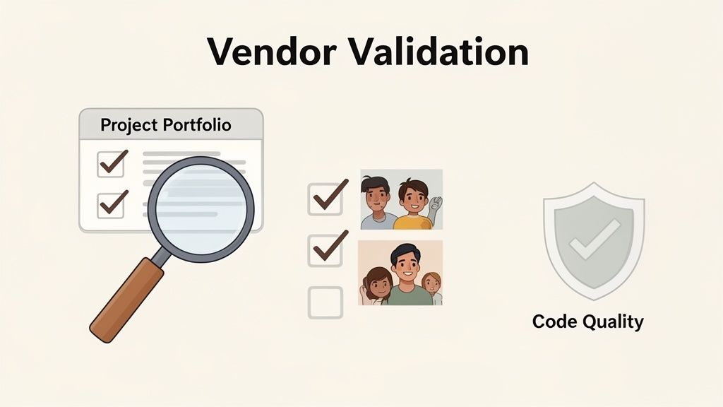 Validación de proveedores: Revisión de portafolio de proyectos, evaluación de equipos y calidad del código.