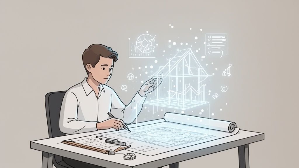 Hombre dibuja en plano arquitectónico y ve proyección holográfica de una casa con datos.
