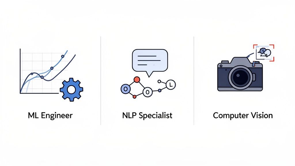 Ilustraciones de ingenieros de ML, especialistas en PNL y visión por computadora, mostrando diferentes roles en IA.