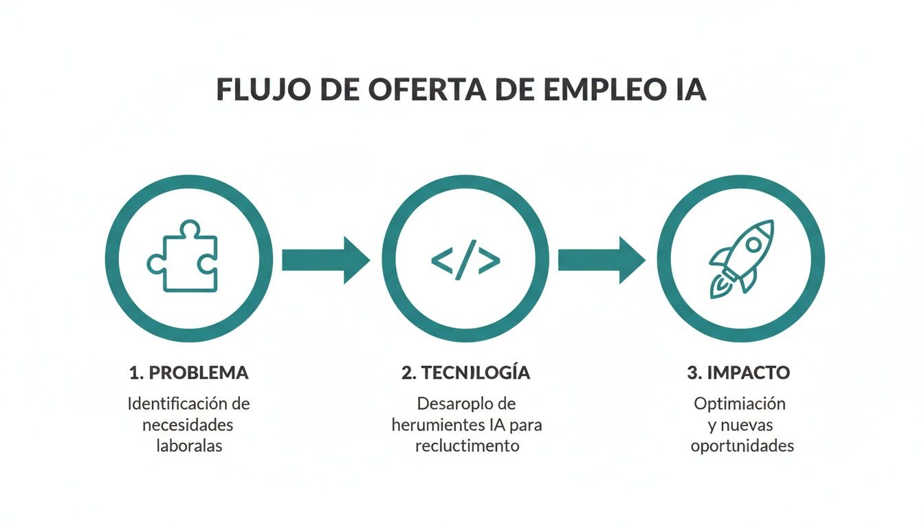 Diagrama que ilustra el flujo de una oferta de empleo impulsada por IA, desde la identificación de necesidades laborales hasta nuevas oportunidades.