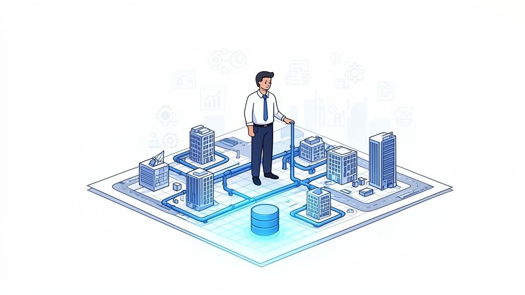 Un hombre gestiona la interconexión de edificios y una base de datos en una red digital.