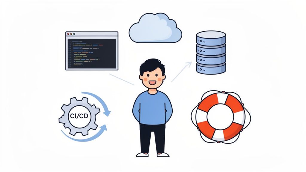 Un ingeniero informático sonriente rodeado de elementos clave del desarrollo de software: código, nube, bases de datos, CI/CD y soporte.