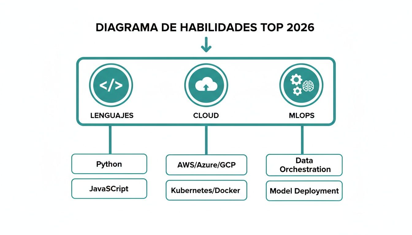 Diagrama de las principales habilidades tecnológicas para 2026, incluyendo lenguajes, nube y MLOps.