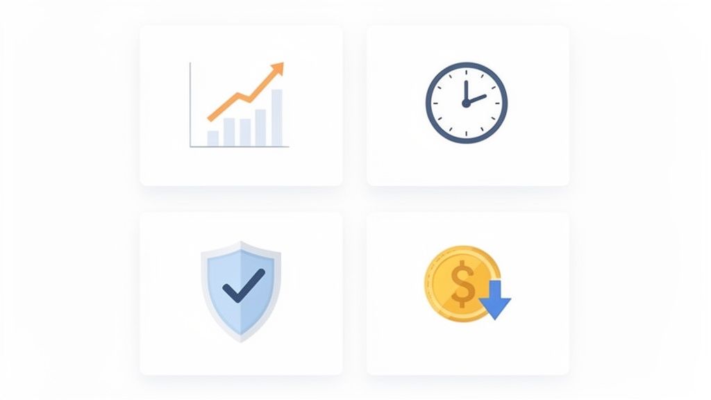 Iconos de crecimiento financiero, gestión del tiempo, seguridad y reducción de costos.