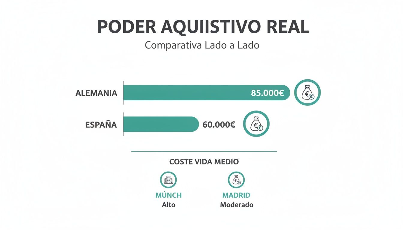 Comparativa del poder adquisitivo real entre Alemania (85.000€) y España (65.000€), con coste de vida en Múnich y Madrid.