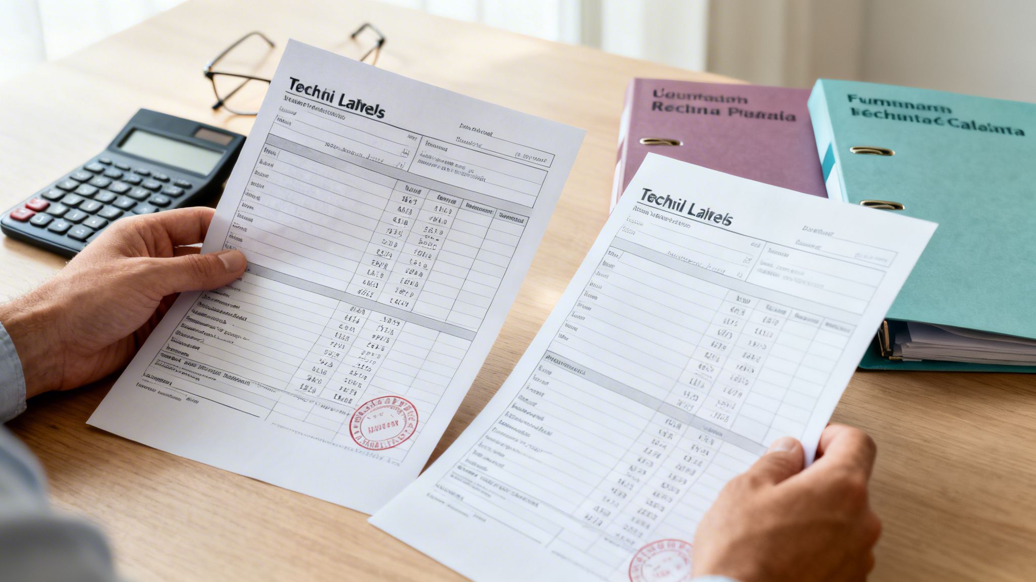 Hombre revisando documentos financieros con calculadora y carpetas de contabilidad en un escritorio de madera.