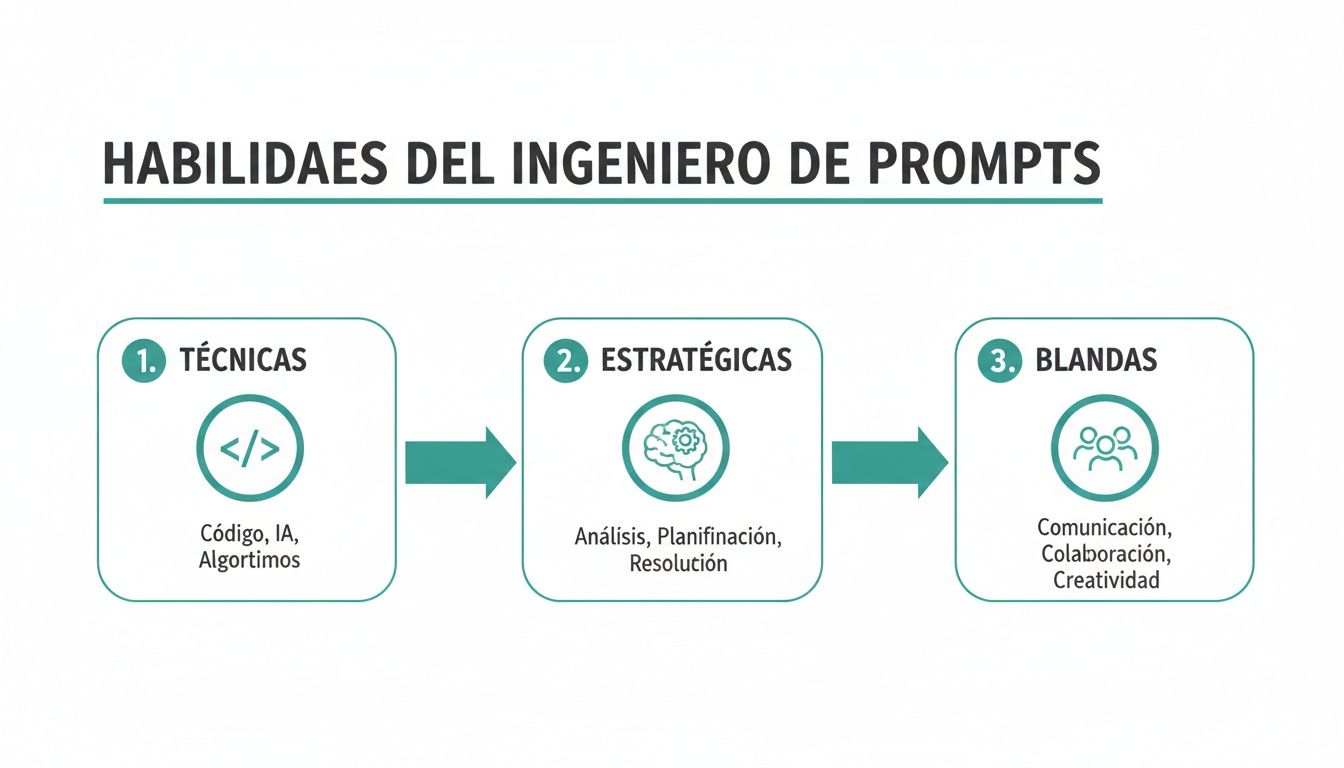 Infografía de las habilidades técnicas, estratégicas y blandas clave para un ingeniero de prompts.