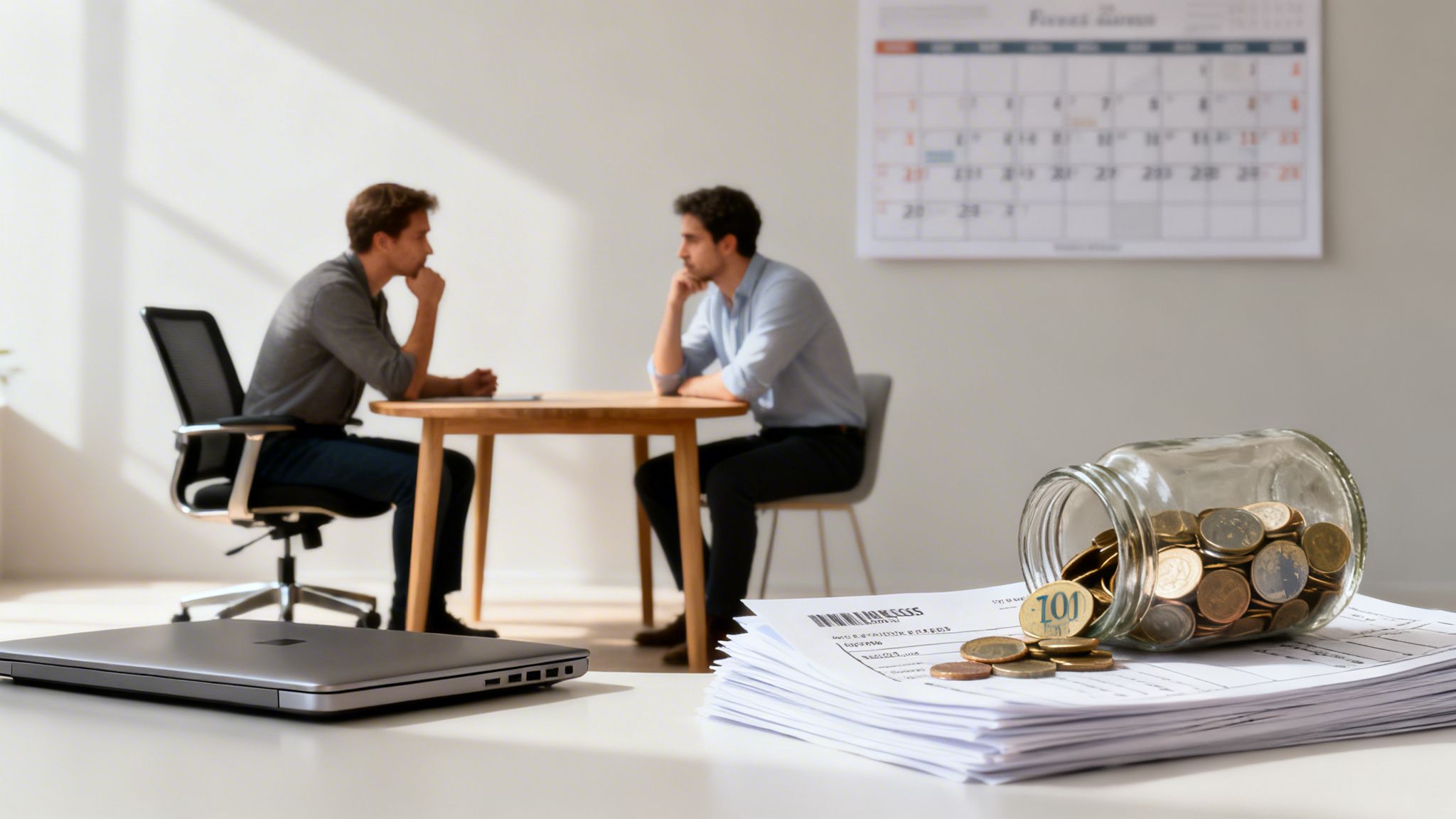 Dos hombres en una consulta financiera con papeles, dinero y un portátil en primer plano.