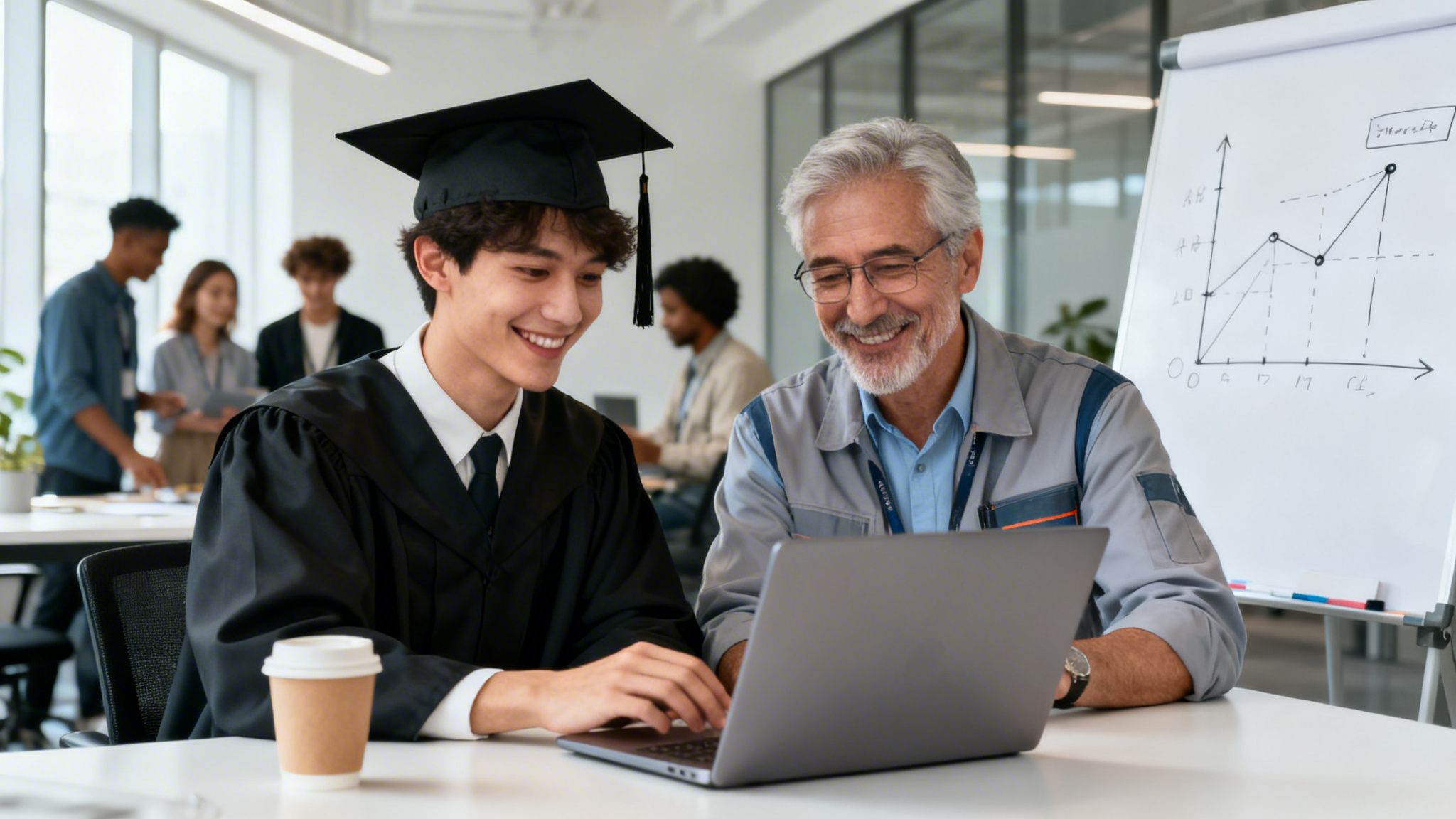Joven graduado y mentor sonríen mientras trabajan juntos en una laptop en una oficina moderna.