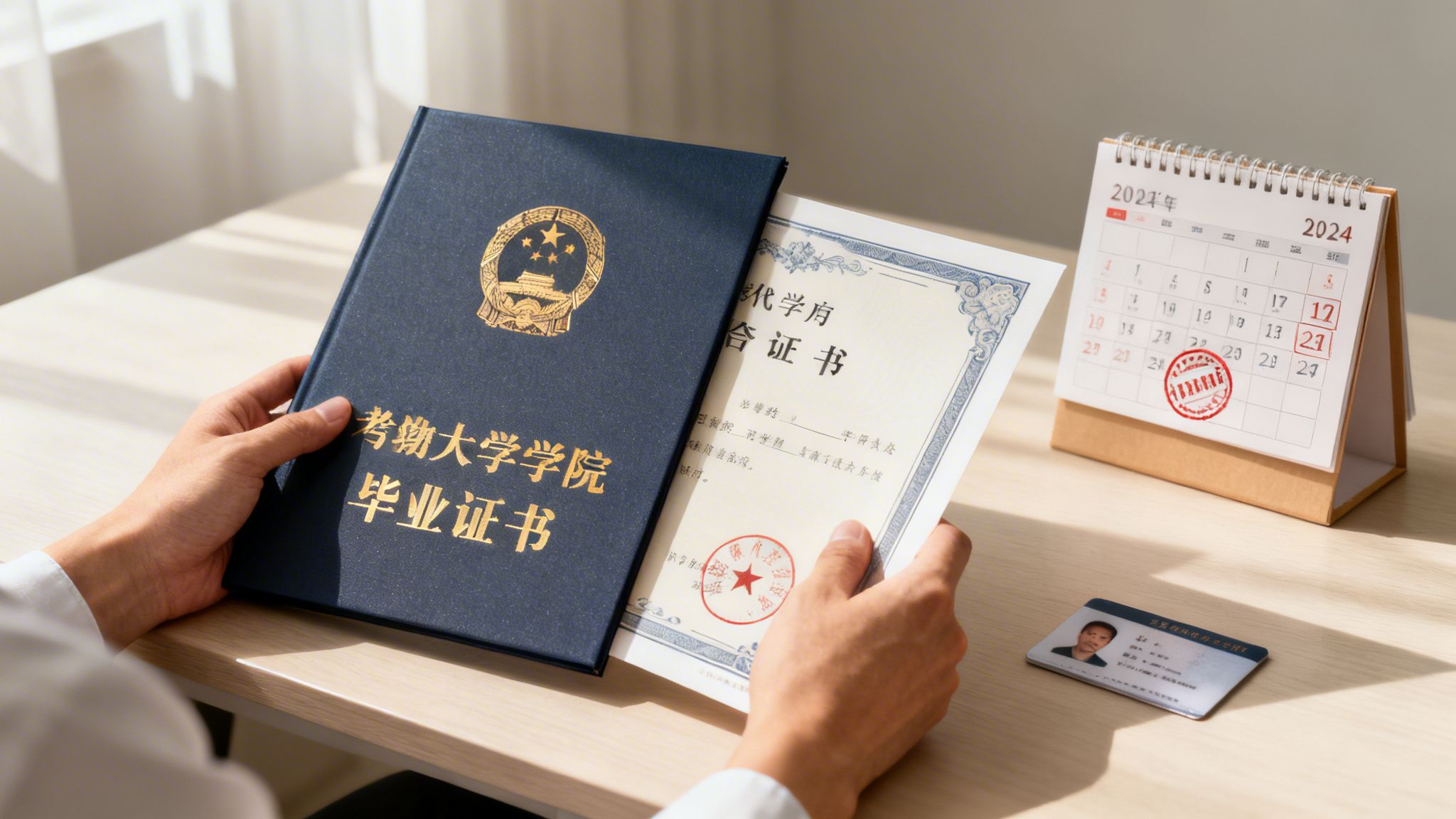 Manos sosteniendo un diploma y un certificado de graduación universitario, con un calendario de 2024 y una tarjeta de identificación.