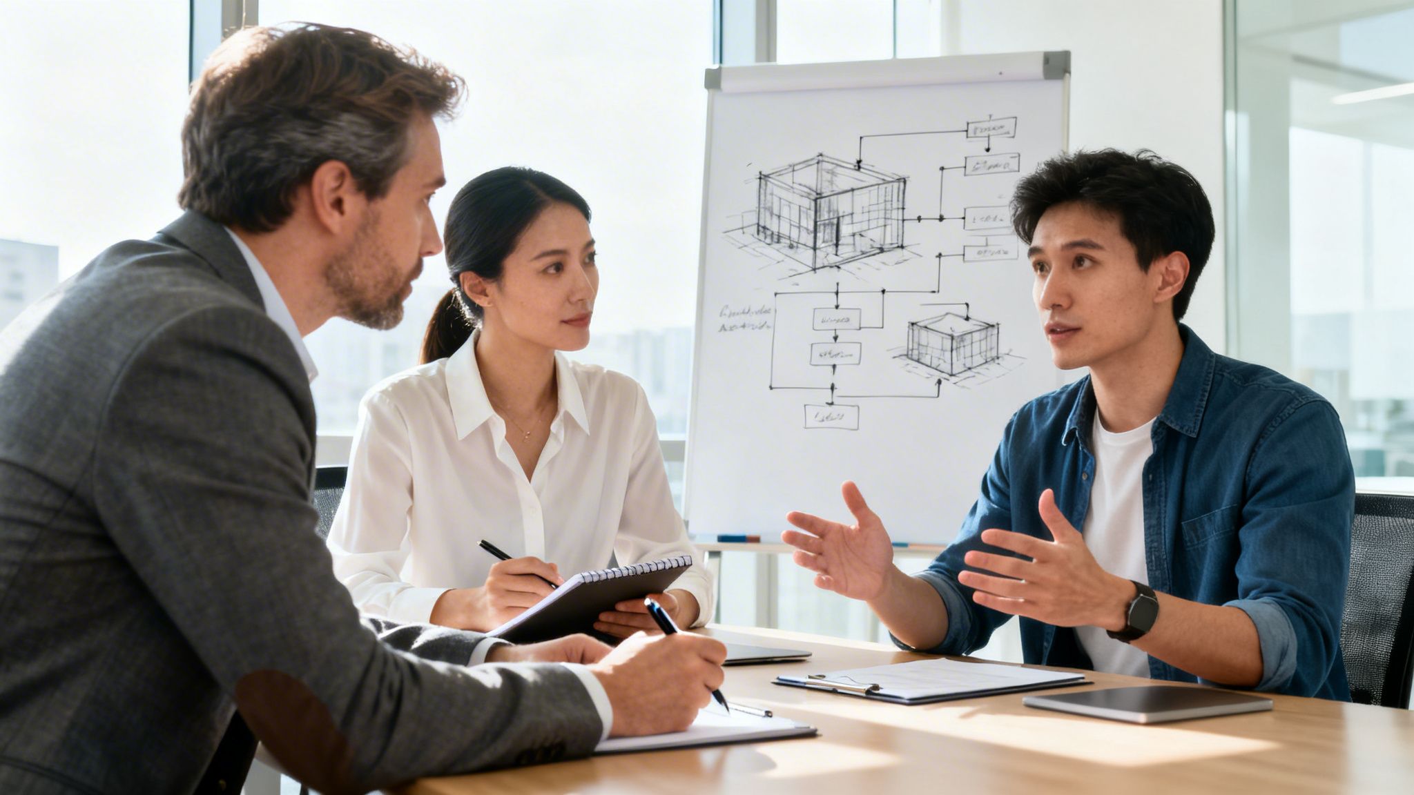 Un equipo de profesionales discutiendo un diagrama de arquitectura de software frente a una pizarra en oficina.