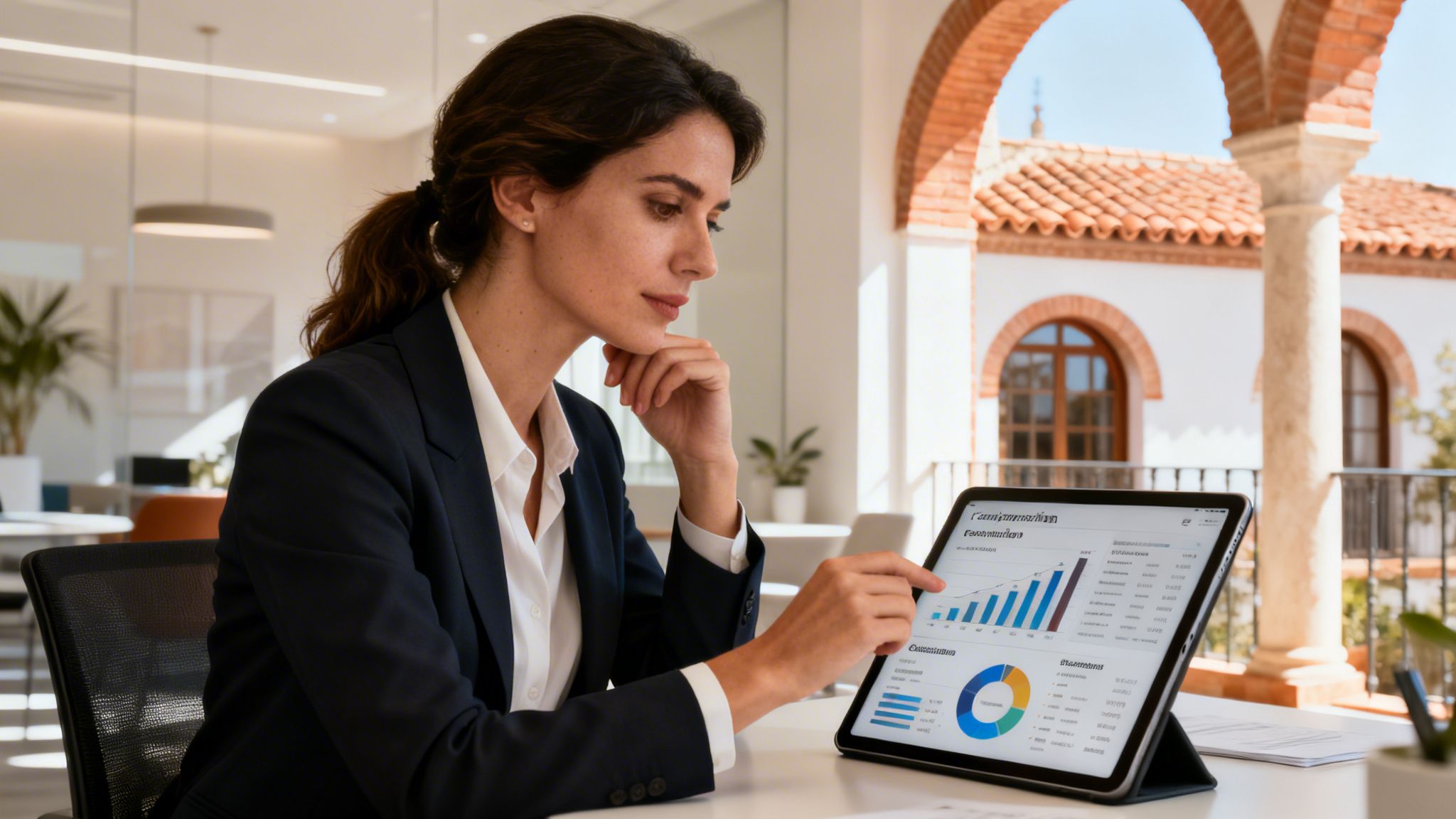 Una mujer profesional de negocios analizando gráficos financieros en su tableta mientras trabaja en una oficina moderna.