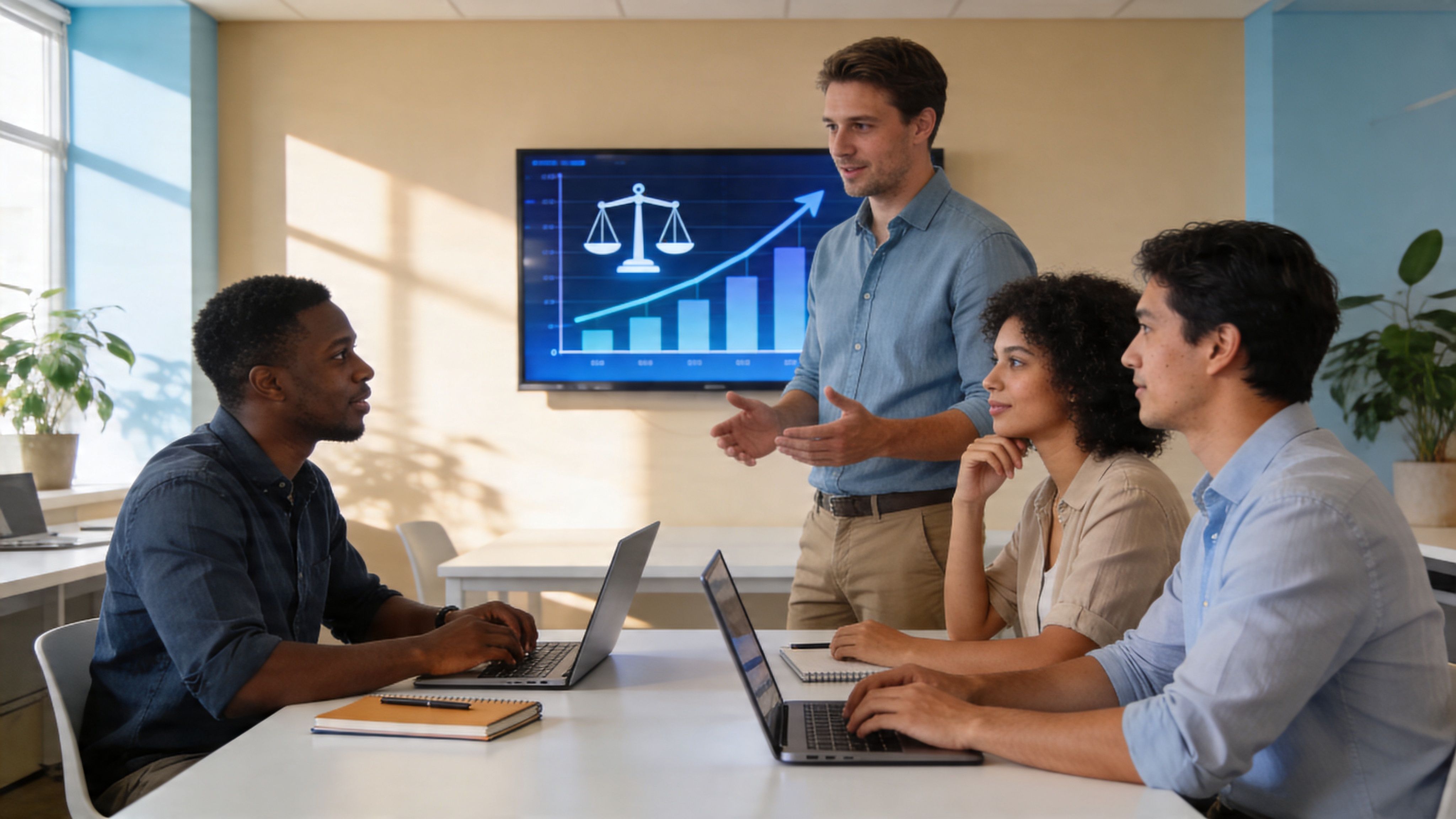 Un equipo diverso colaborando en una oficina moderna mientras analizan datos legales y financieros en una pantalla.