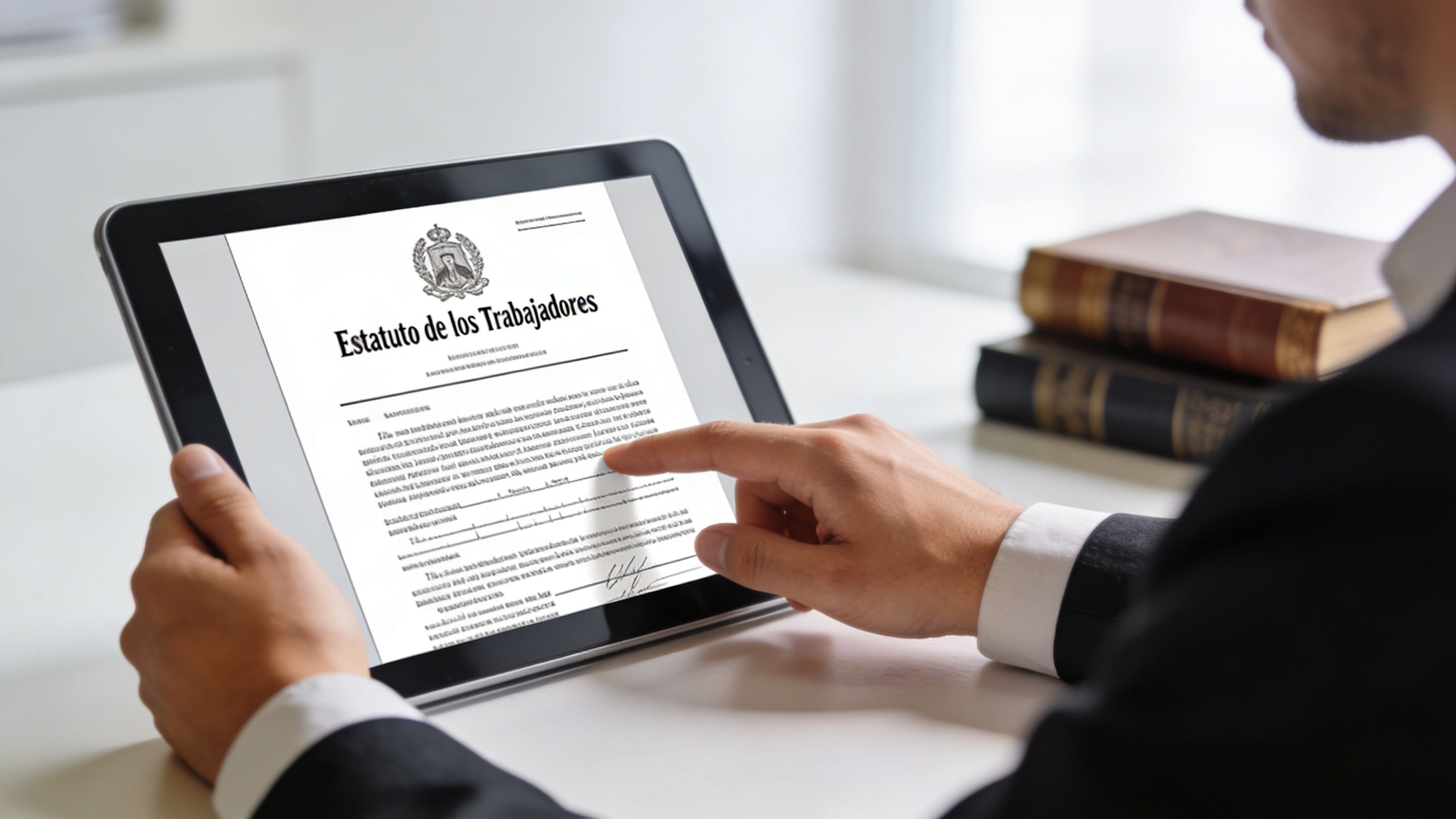 Un profesional revisa el Estatuto de los Trabajadores en una tableta digital mientras está en su escritorio.