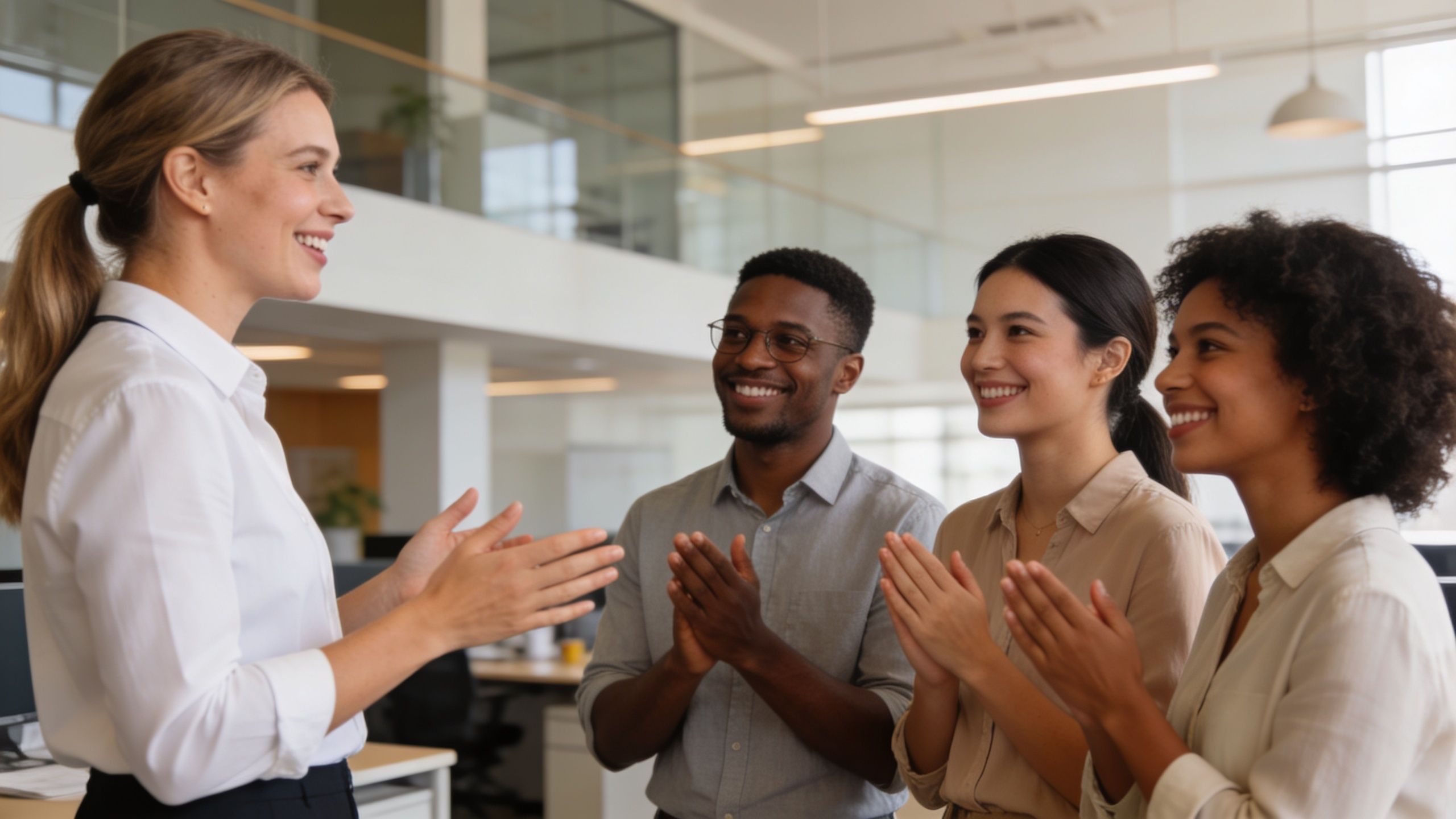 Un grupo diverso de empleados sonriendo y aplaudiendo a una colega en un entorno de oficina profesional.