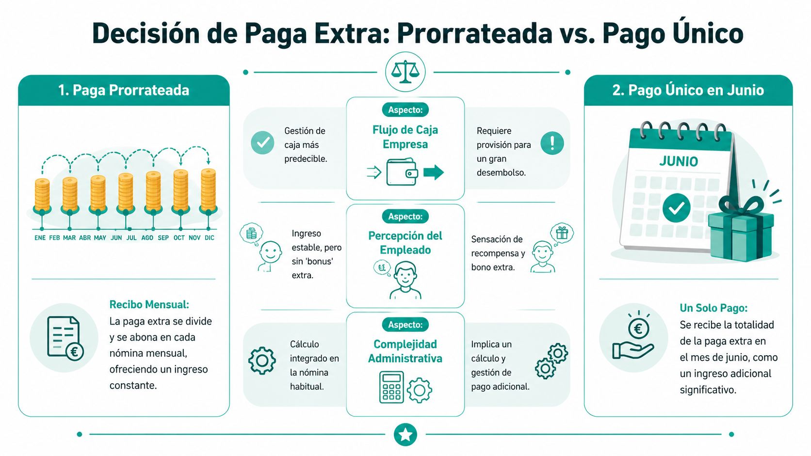 Infografía comparativa sobre las diferencias entre recibir la paga extra prorrateada o en un pago único.