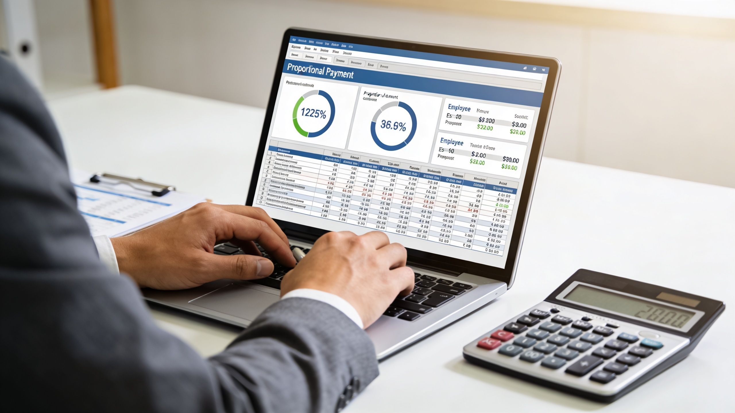 Un profesional en traje analizando datos financieros en una computadora portátil con gráficos y tablas