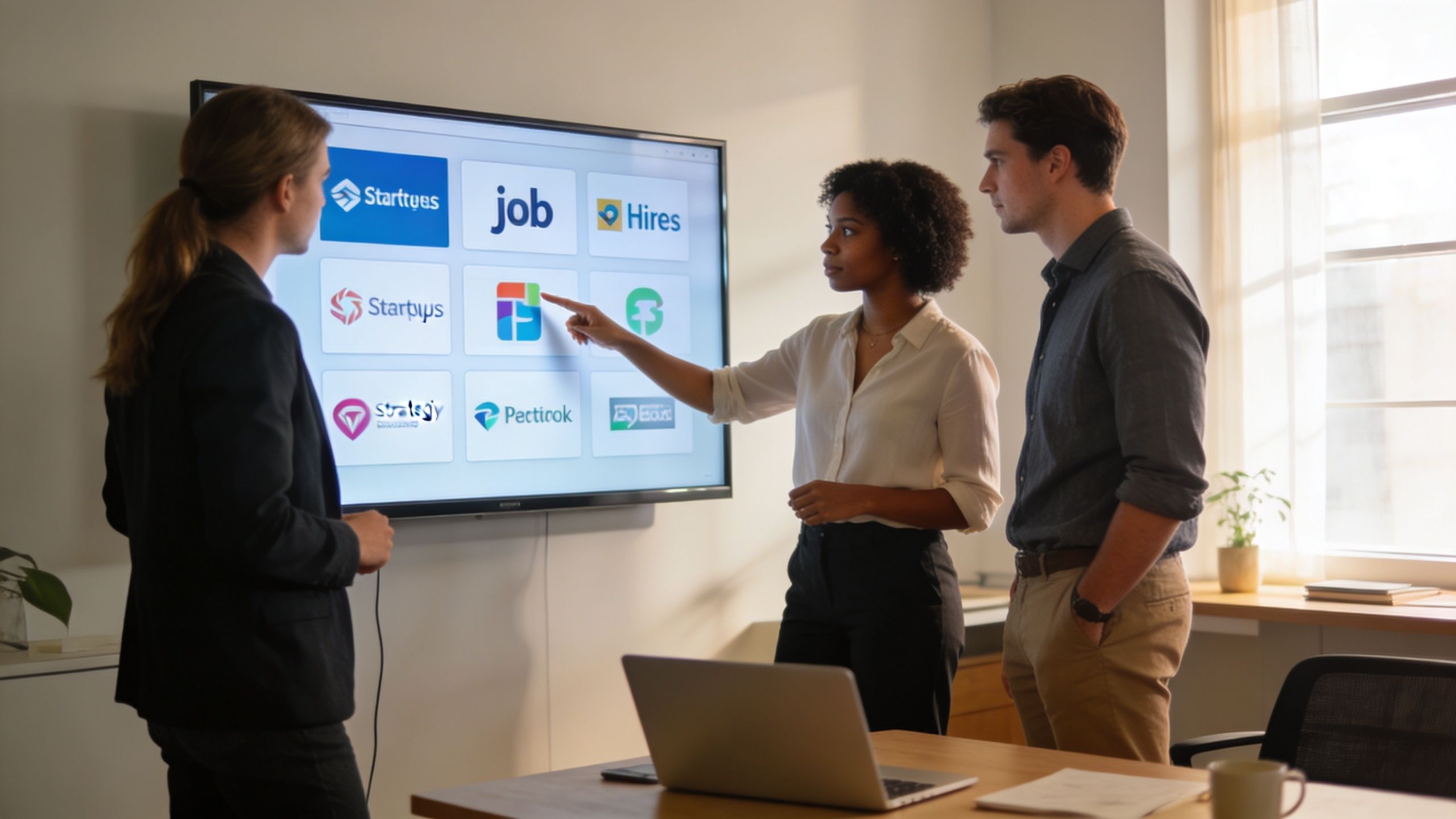 Tres profesionales reunidos frente a una pantalla táctil analizando diversas plataformas de empleo en una oficina.