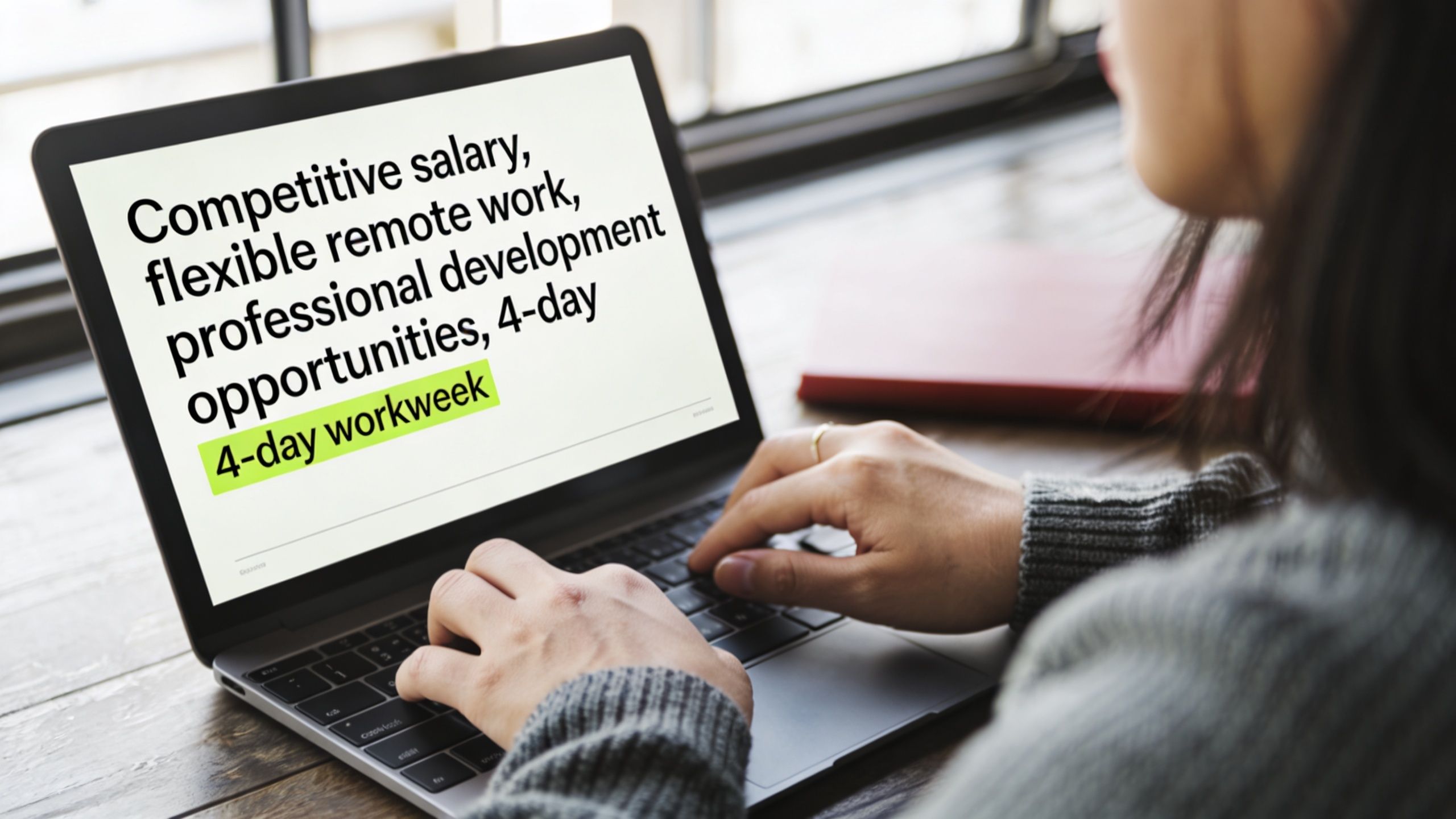 Una persona trabajando en una laptop que muestra beneficios laborales como sueldo competitivo y semana de cuatro días.