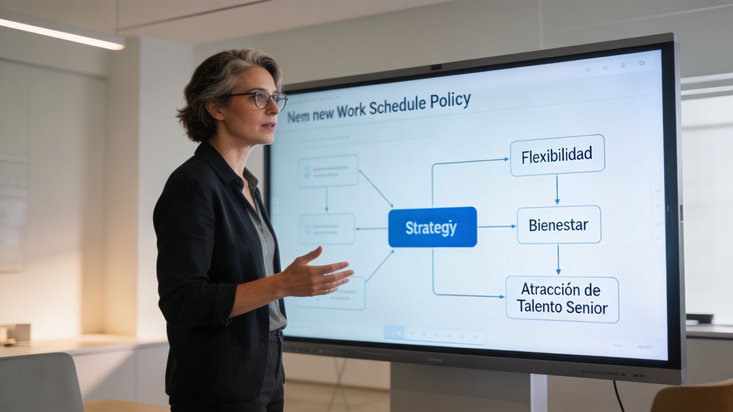 Una profesional presenta una nueva estrategia de horarios laborales en una pantalla digital en una oficina.