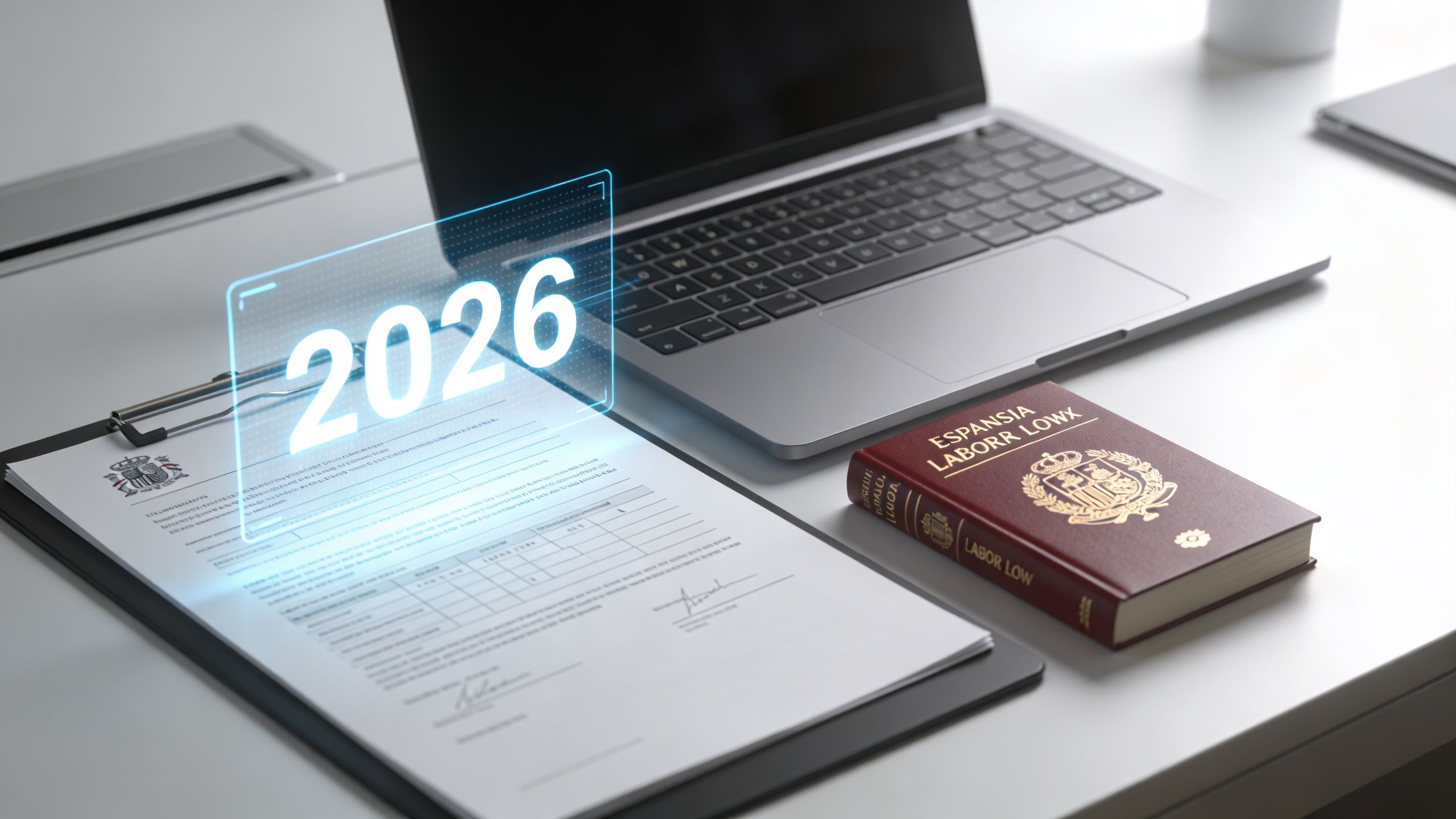 Documentos legales y contrato laboral sobre un escritorio junto a un ordenador portátil en España