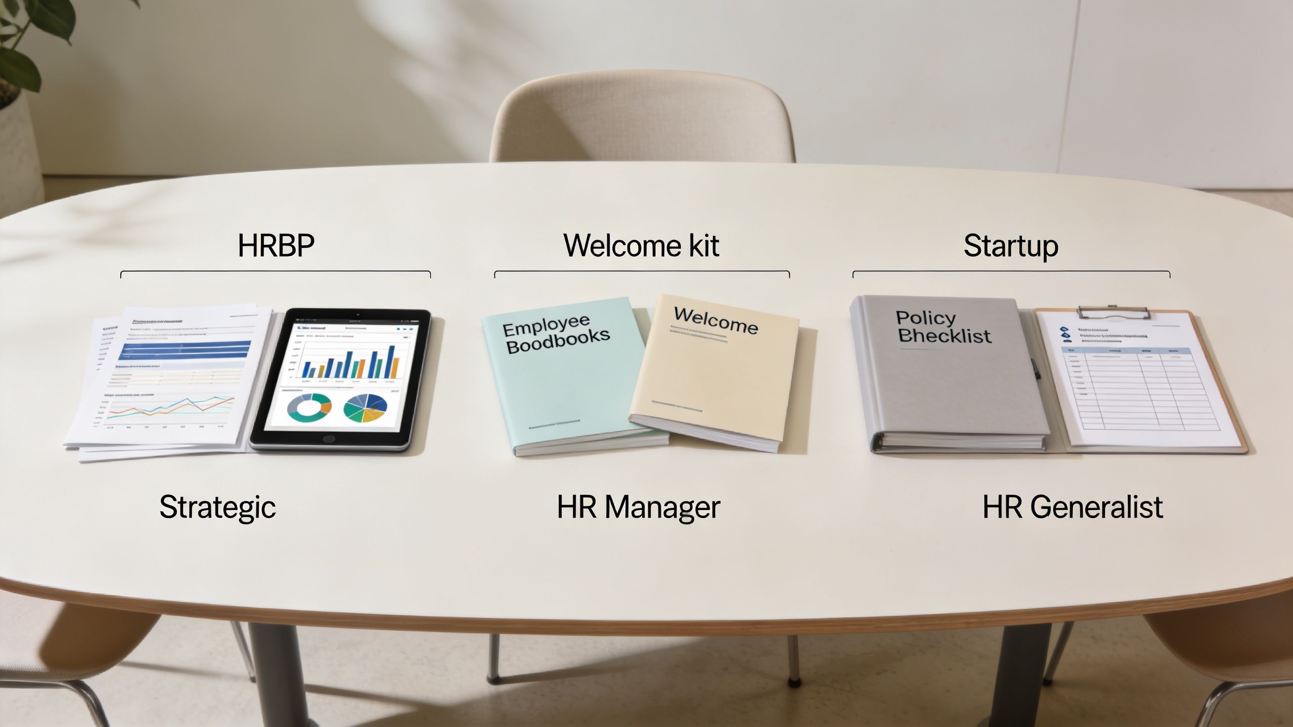 Mesa con materiales de trabajo para recursos humanos, incluyendo gráficos, manuales de bienvenida y listas de verificación.