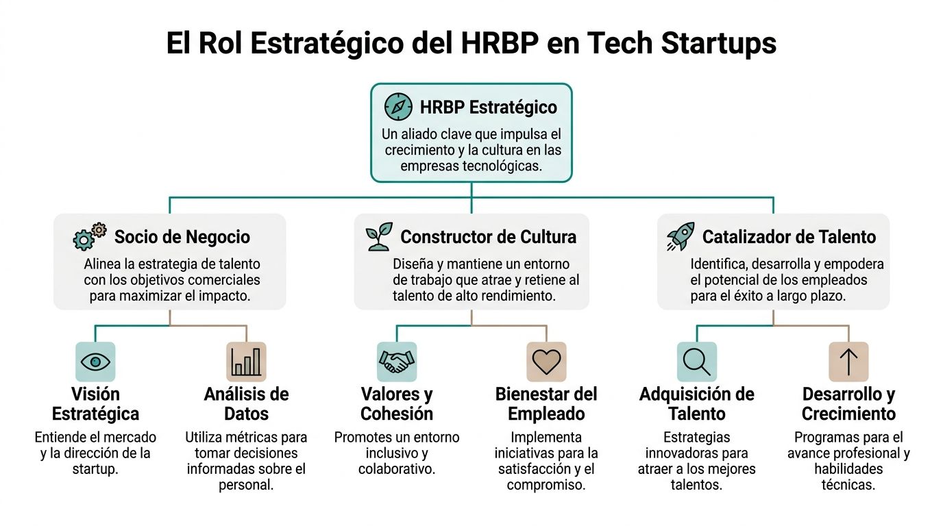 Diagrama que explica el rol estratégico del HRBP en startups tecnológicas y sus principales funciones clave.