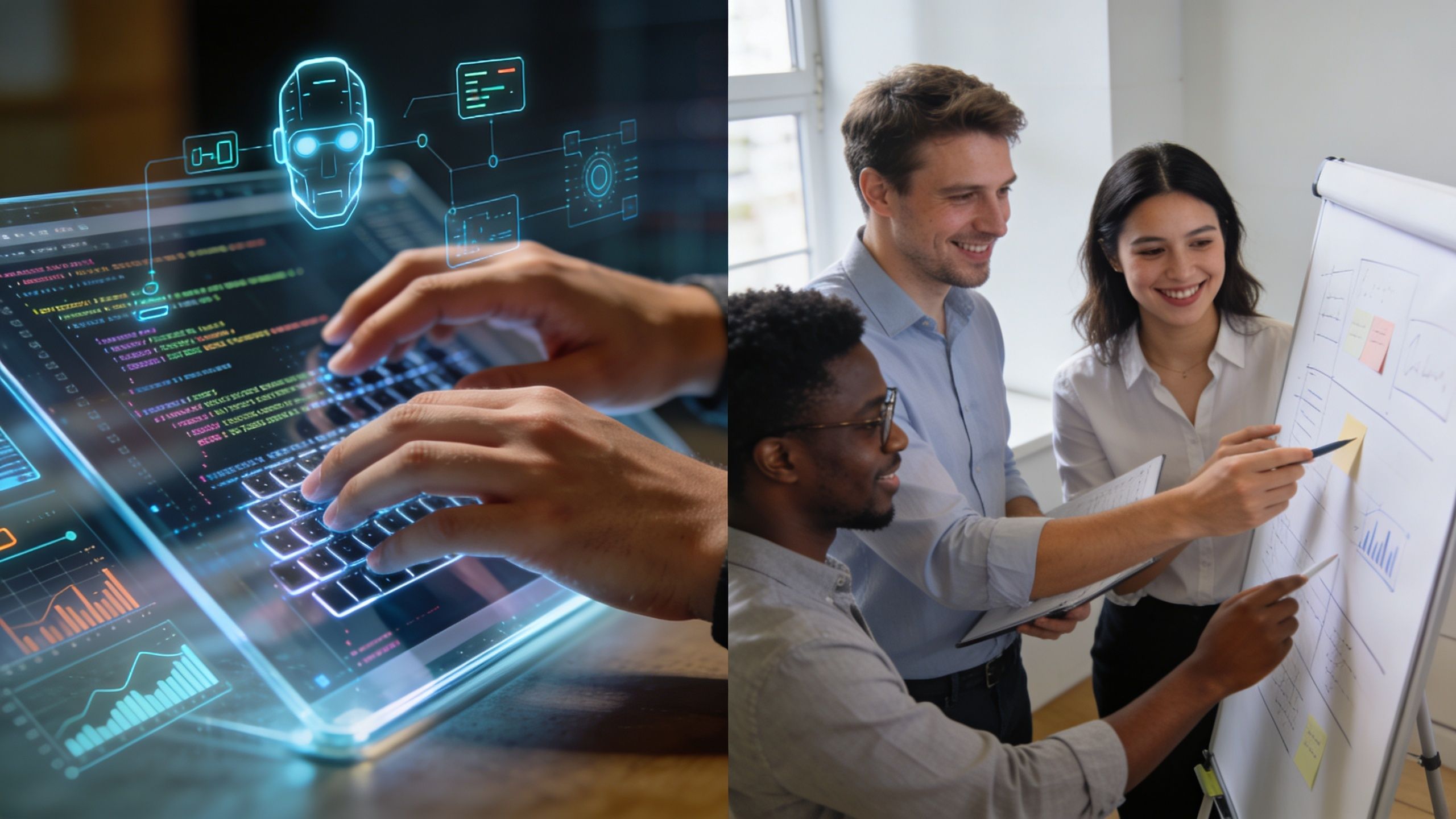 Profesionales colaborando en una pizarra junto a una representación digital de inteligencia artificial programando en código.