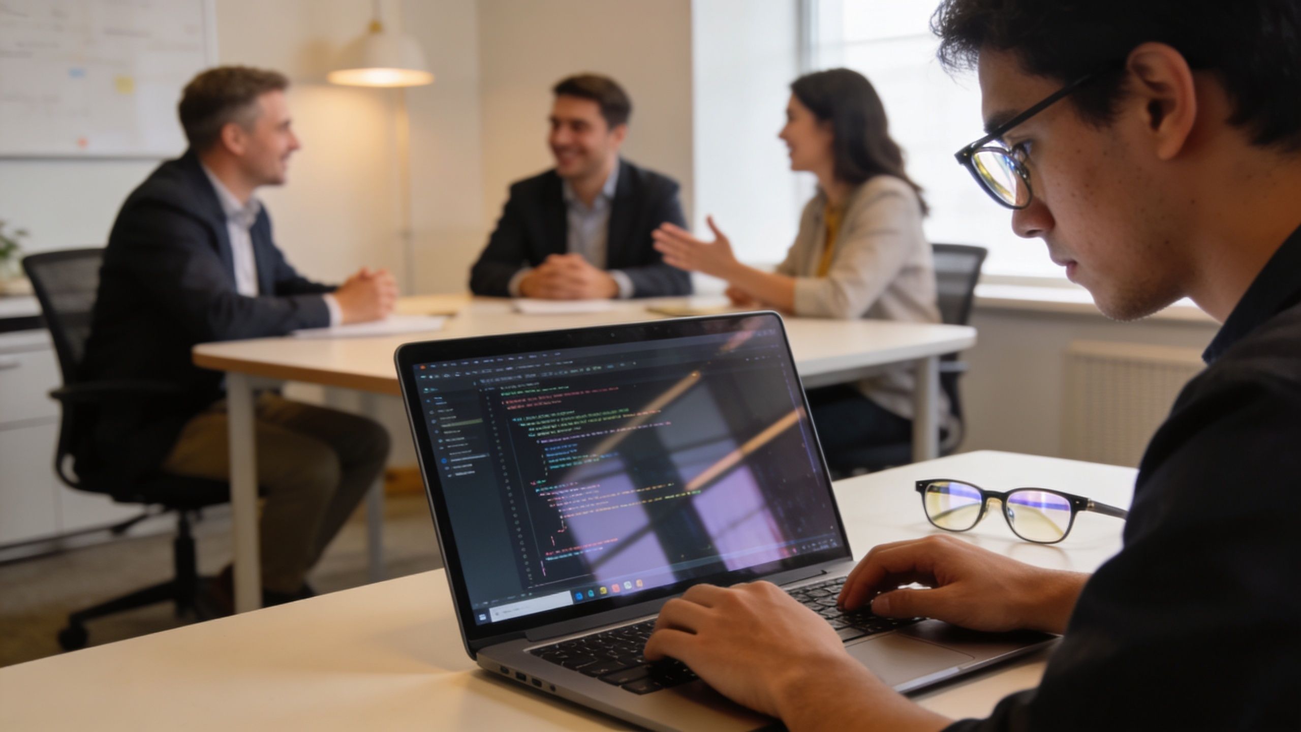 Un desarrollador trabajando en su computadora portátil mientras un equipo colabora en una oficina moderna.