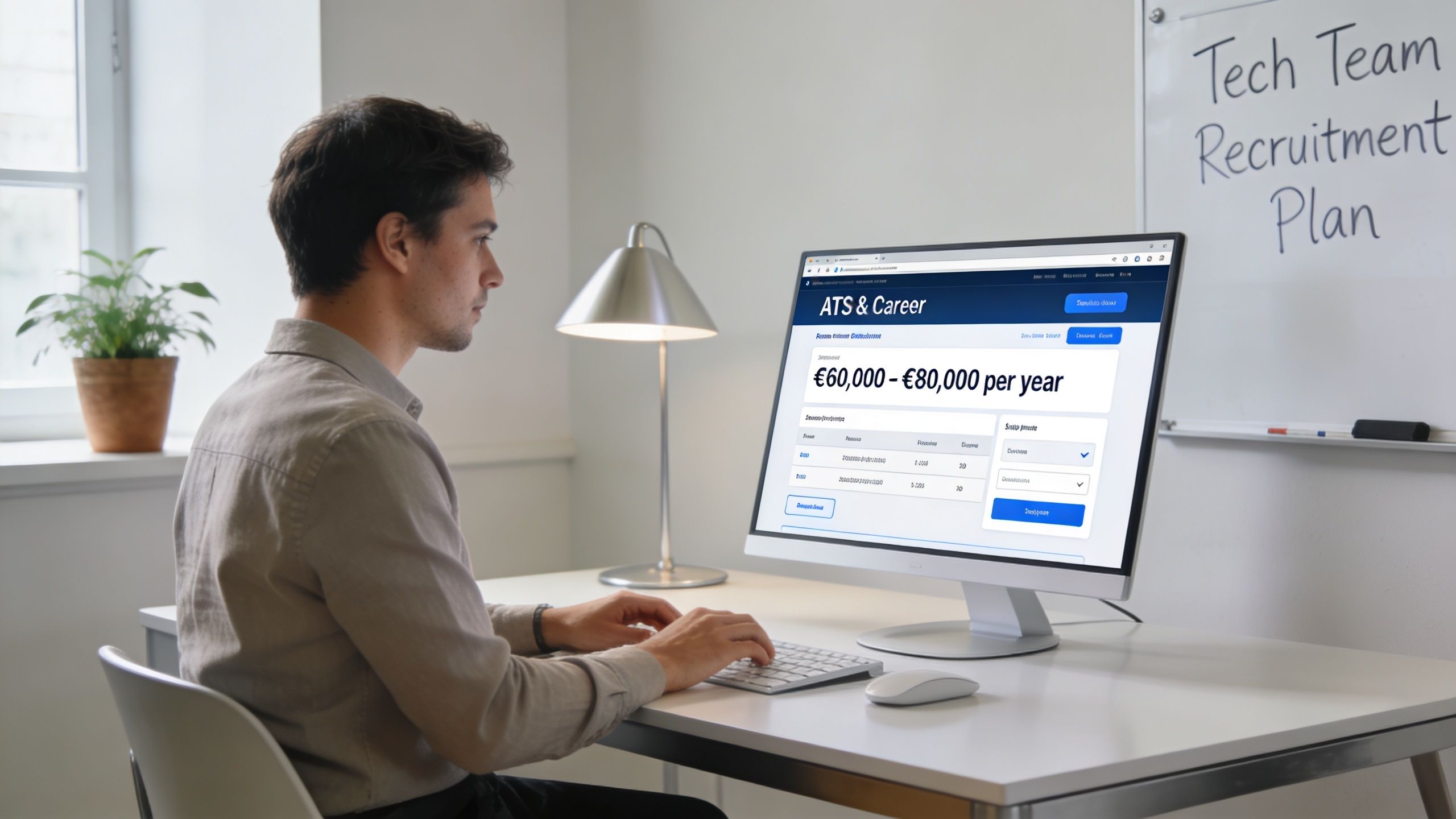 Un hombre trabajando en su computadora visualizando una oferta de trabajo con rango salarial en una oficina moderna.